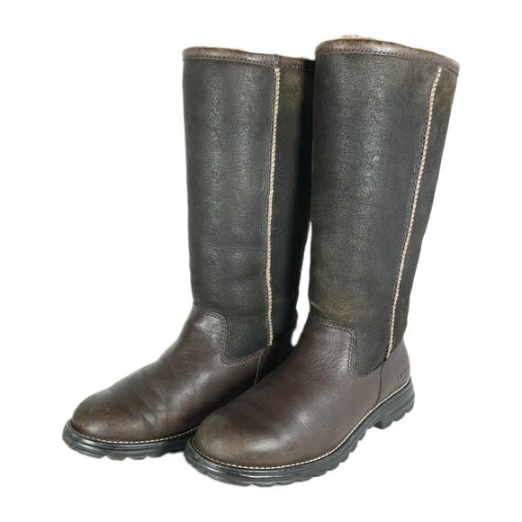 UGG Shoes - UGG Womens Brooks US7 Tall Brown Leather Shearling Sherpa PullOn Boots